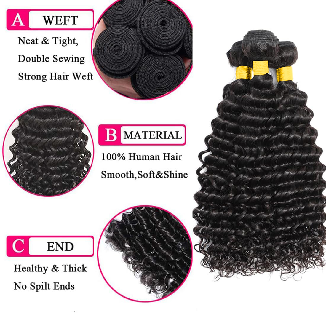 100% Brazilian Virgin Human Ha - Deep Wave 3 Bundles With Closure 评论和价格