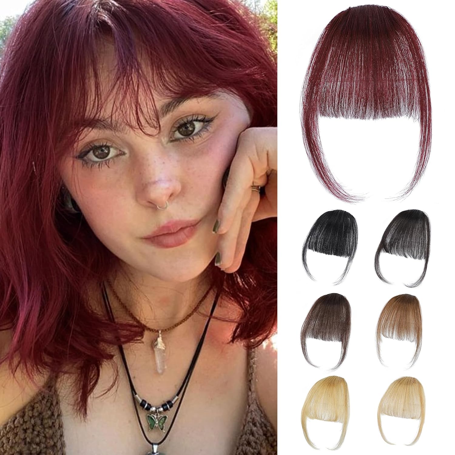 Burgundy Clip in Bangs 100% Re - Seamless Clip In Hair Extensions Human Hair 评论和价格